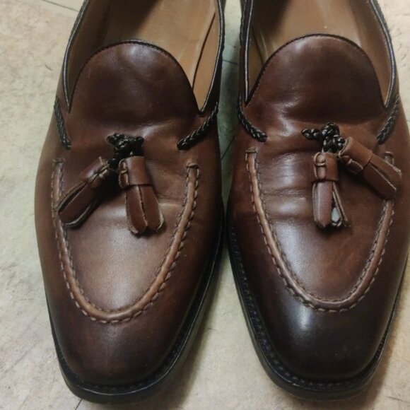 Paul Fredrick 9.5 tassel loafers blake stitch patina made in italy nailed heels